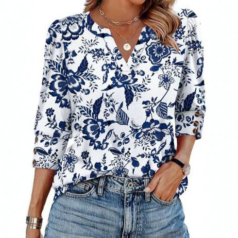 女士V领印花长袖T恤碎花上衣Ladies' casual short sleeved shirt