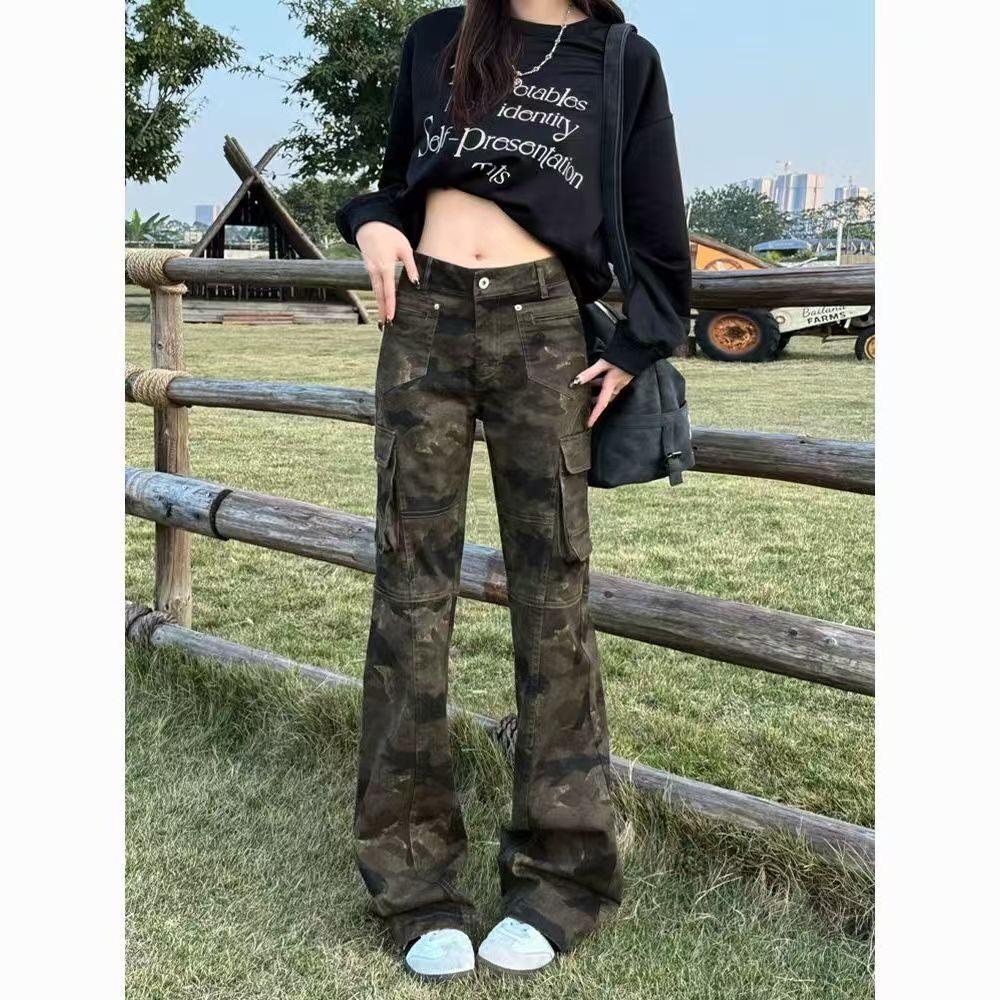 小众迷彩牛仔裤高级微喇裤子高腰工装感显瘦提档修身春秋美式男女图片