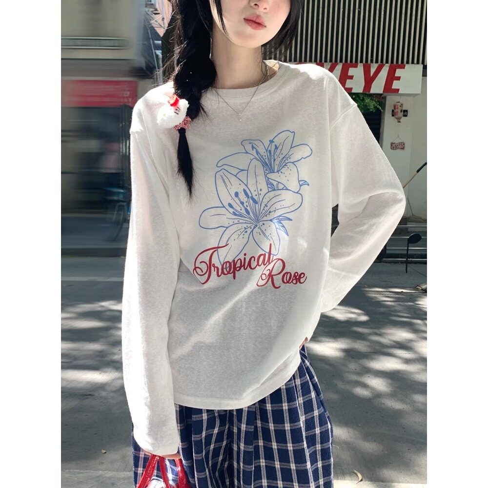 休闲慵懒风防晒罩衫上衣夏季薄款宽松雪花棉长袖圆领T恤女空调衫