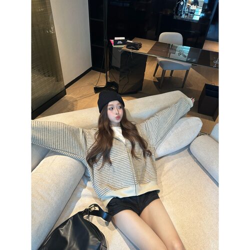 条纹百搭卫衣拉链开衫设计感女外套原版宽松上衣面料连帽慵懒