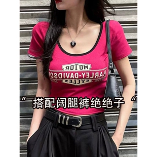 abg辣妹美式复古短袖t恤女夏季新款字母印花修身显瘦短款正肩上衣