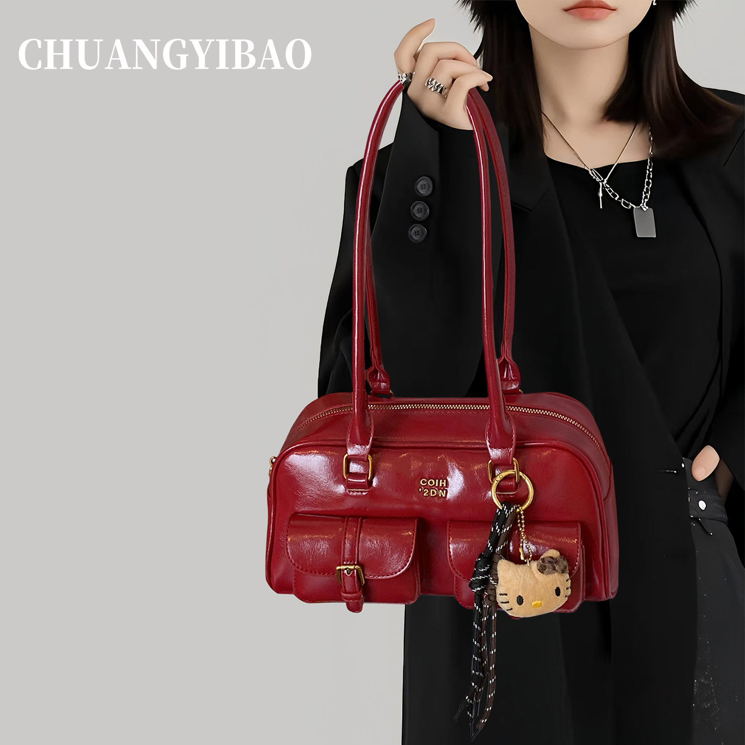 红色大容量波士顿保龄球包包女式2025新款秋冬高级感轻奢小众婚包,箱包皮具/热销女包/男包,腋下包,淘宝优惠券,粉丝福利购,淘宝优惠卷