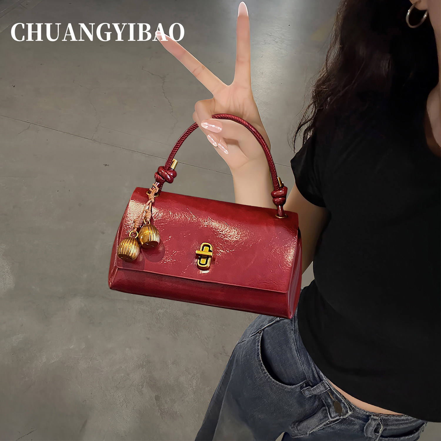 红色超火精致手提包包女式2025新款潮轻奢小众高级感单肩斜挎婚包,箱包皮具/热销女包/男包,小方包,淘宝优惠券,粉丝福利购,淘宝优惠卷