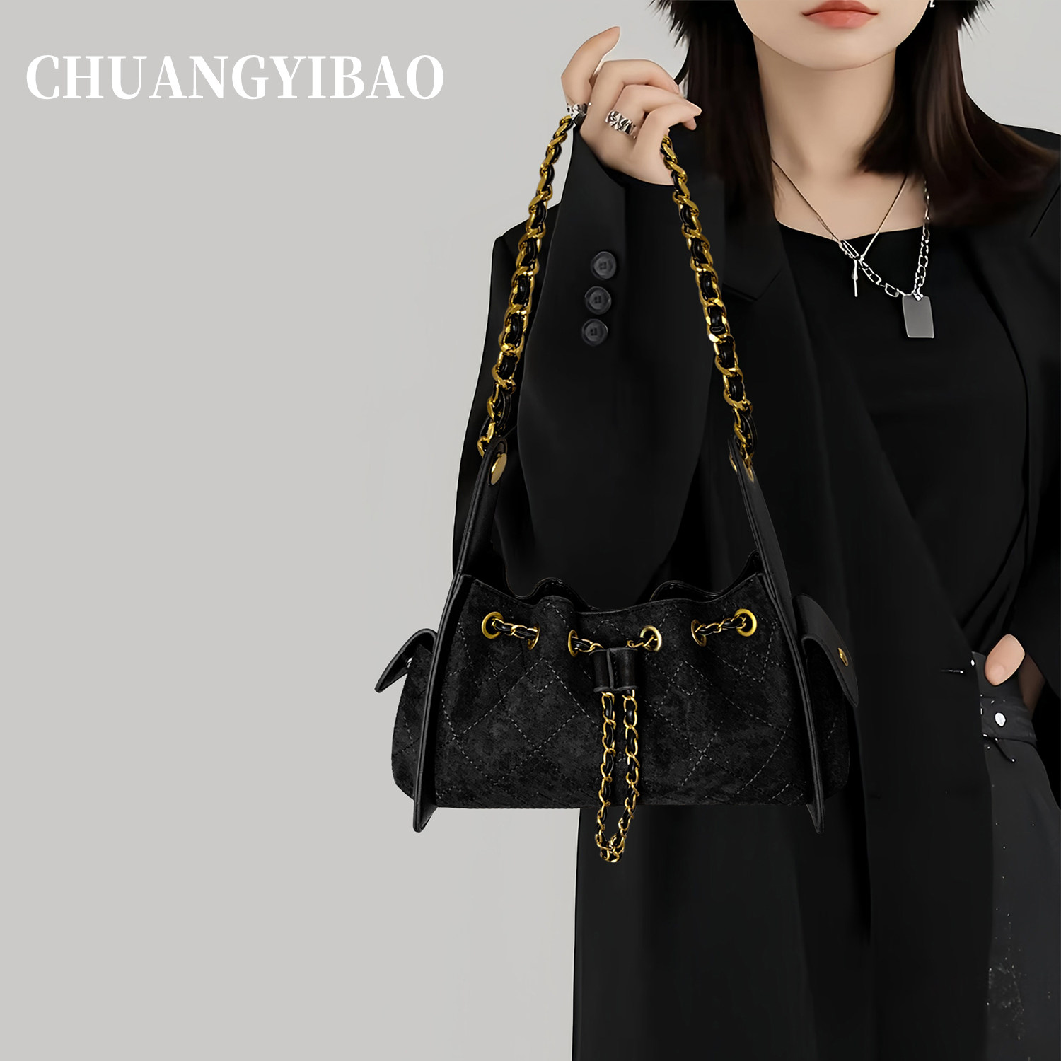 小众菱格链条腋下包包女2025新款复古磨砂托特包大容量单肩斜挎包,箱包皮具/热销女包/男包,腋下包,淘宝优惠券,粉丝福利购,淘宝优惠卷