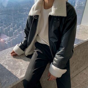 MRCYC韩版羊羔毛皮衣机车外套冬季加厚加绒棉衣皮毛一体皮夹克男