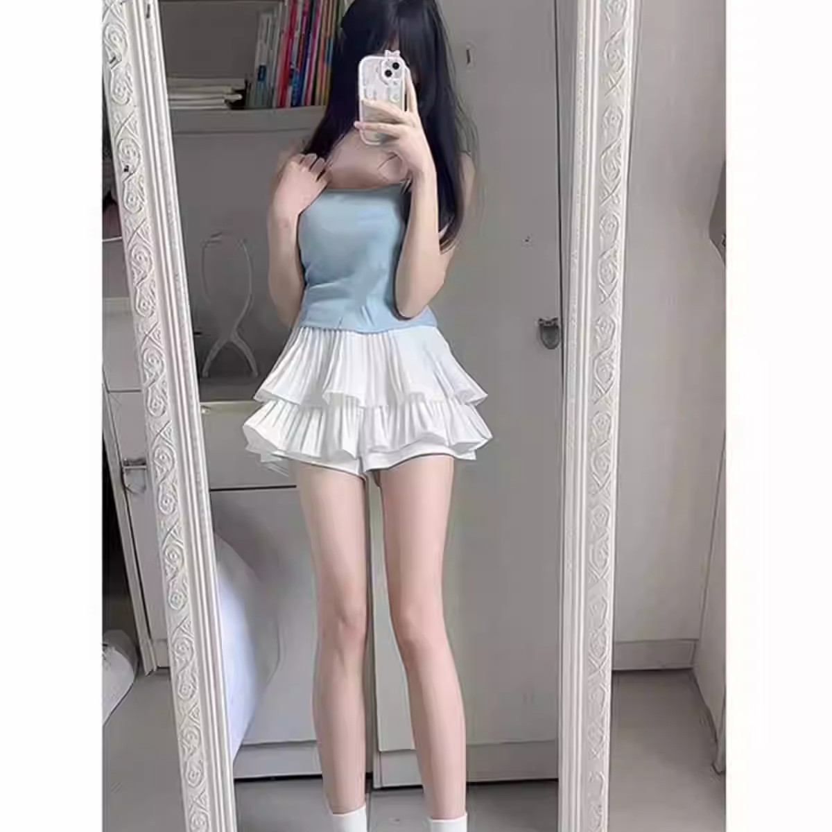 法式白色蛋糕高腰显瘦半身裙