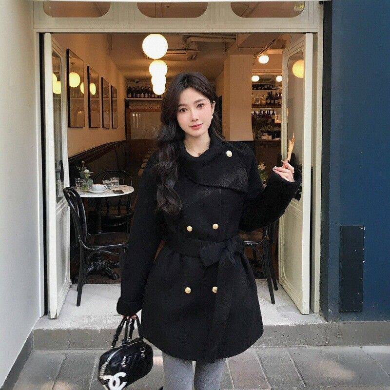冬季新款围脖领短款毛呢大衣女