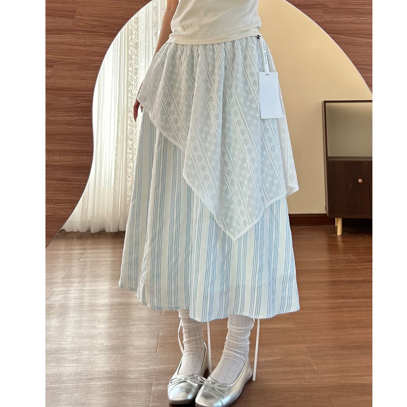 法式蓝色条纹蕾丝拼接半身裙女夏季高腰A字裙镂空印花中长裙