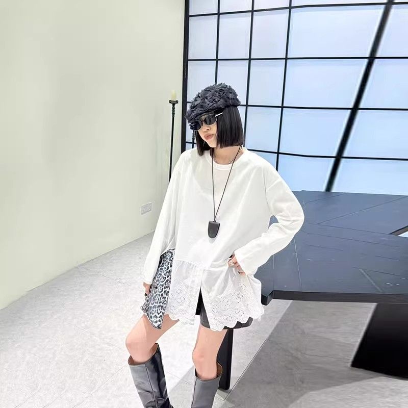 白色简约拼接蕾丝底摆长袖打底衫女装韩版2026春秋季款百搭上衣