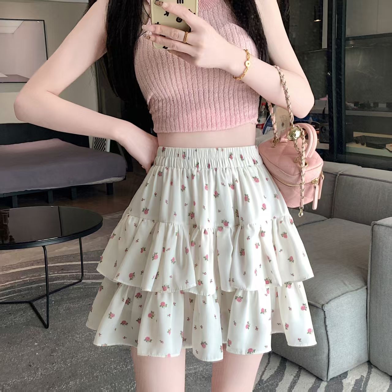夏季高腰显瘦碎花蛋糕半身裙