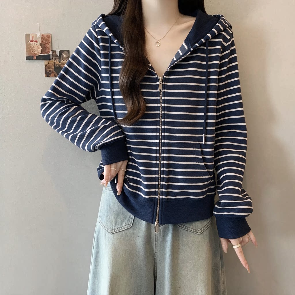 韩系蓝条纹连帽拉链卫衣女大码