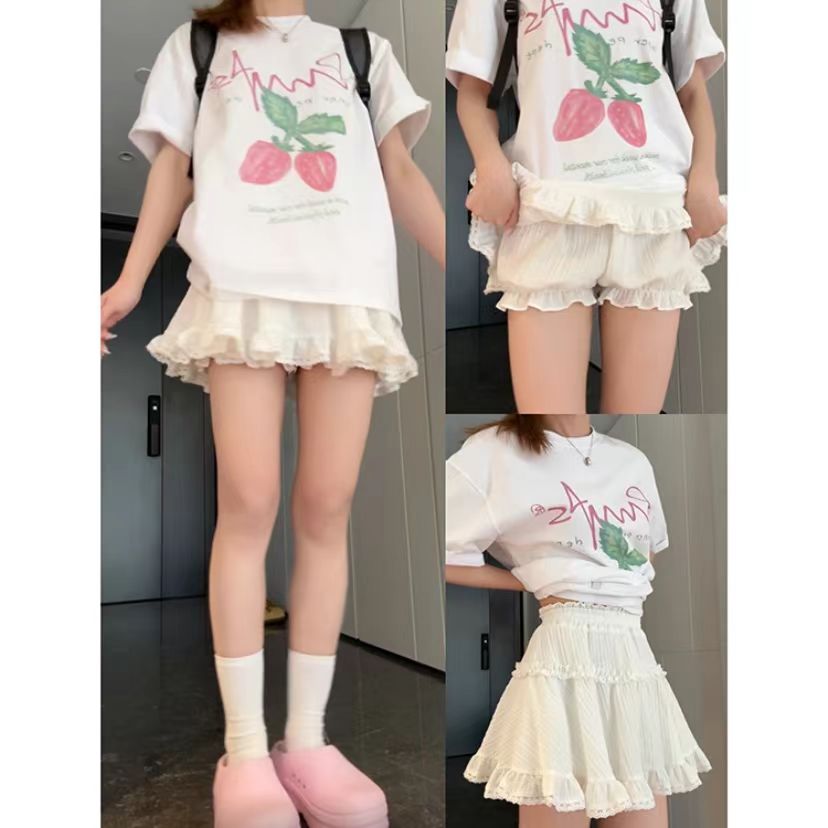 白色少女高腰百褶防走光半身裙