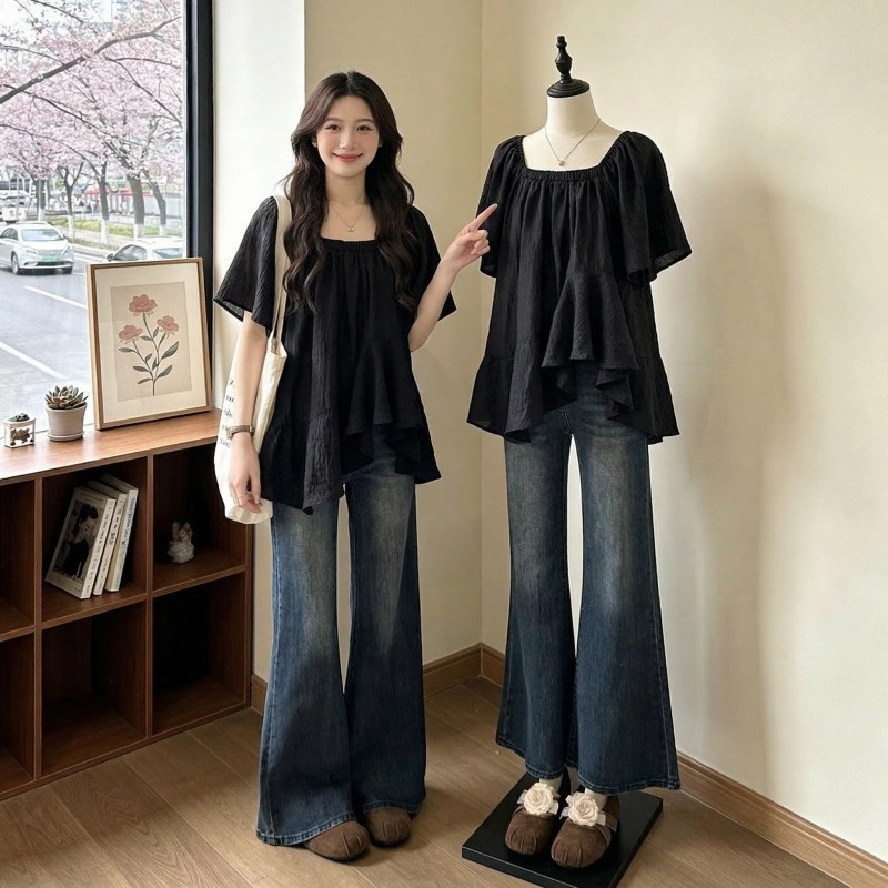 黑色方领短袖大码娃娃衫女夏