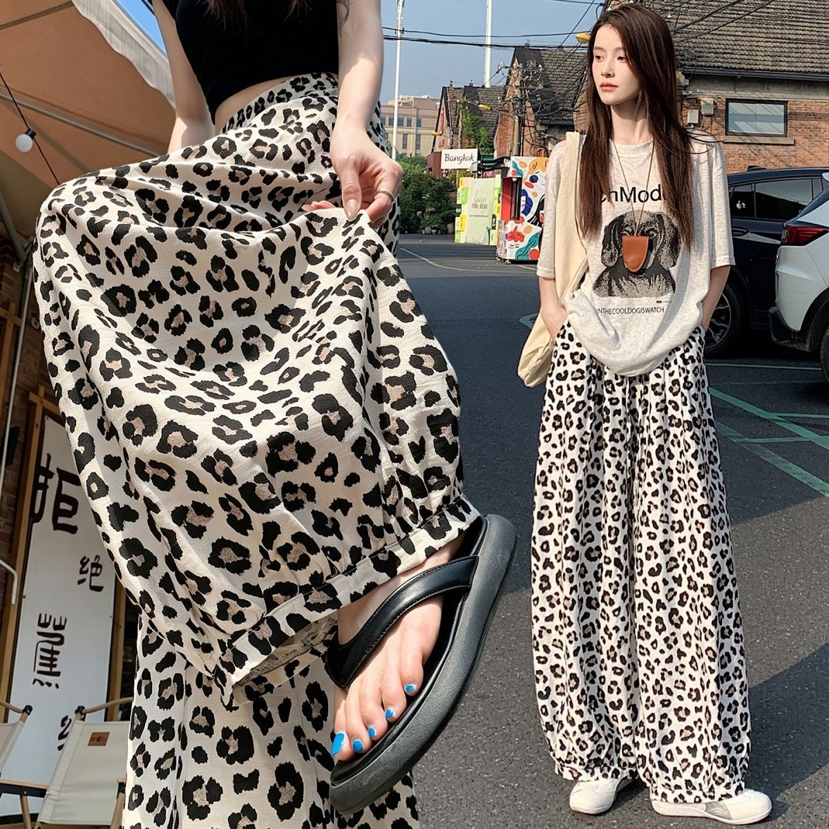 豹纹垂坠阔腿裤女夏季2026高腰显瘦休闲肌理感九分垂坠感萝卜裤