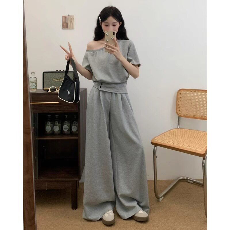 大码夏装斜肩卫衣阔腿裤两件套