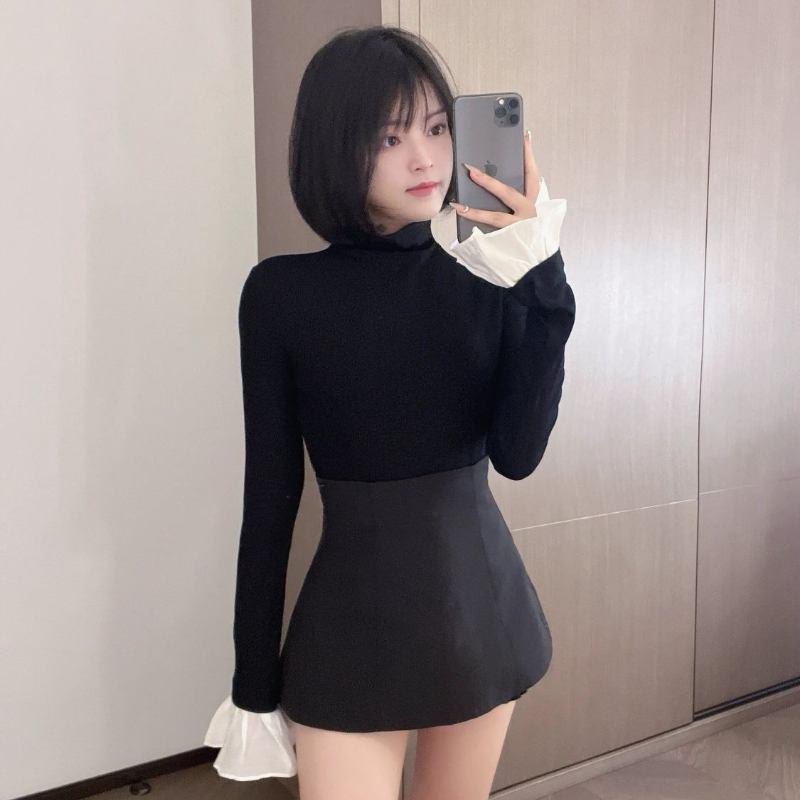 韩系设计感半高领拼色荷叶袖T恤女2026秋冬新款时髦百搭上衣外穿