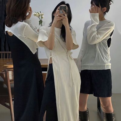 夏季新款韩版设计感小众圆领绑带收腰设计侧开叉短袖连衣裙长裙女