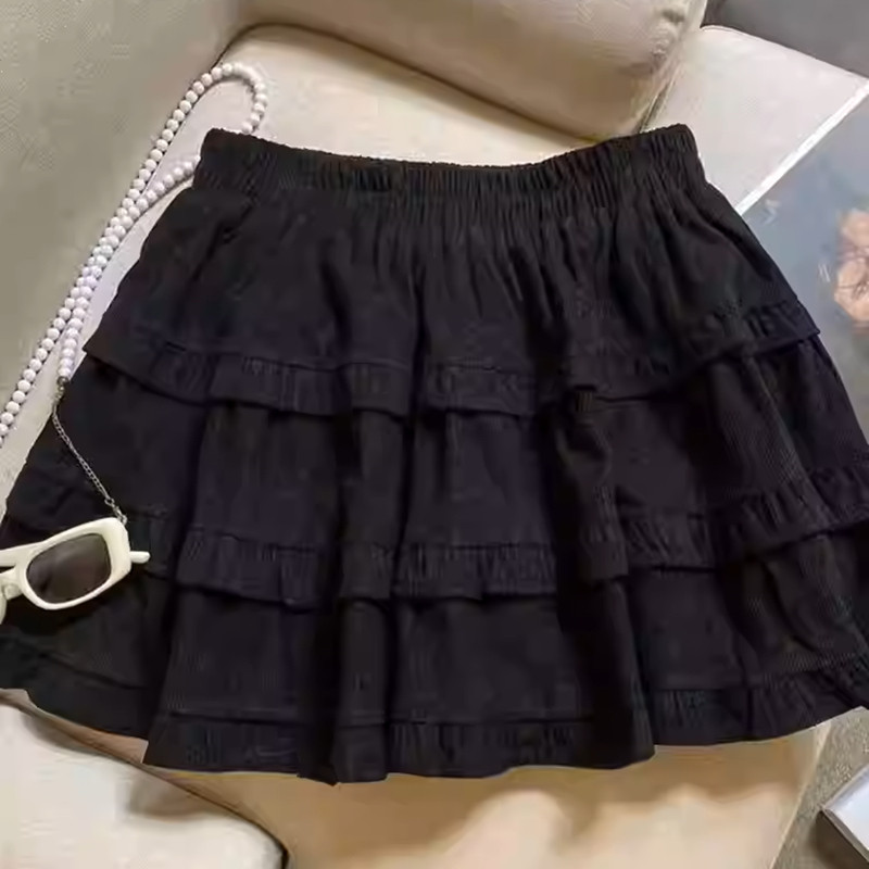 春秋黑色咖色A字松紧腰短裙
