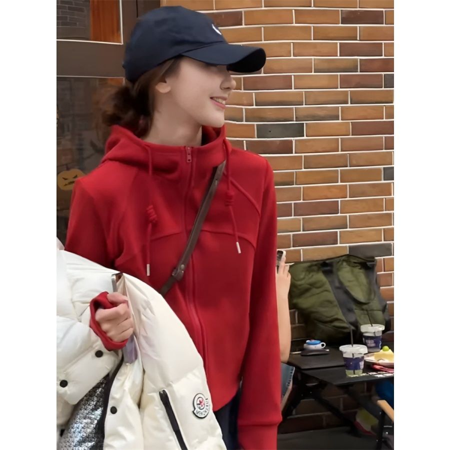 红色连帽加绒卫衣女秋冬2026年新款爆款高级感超好看立领外套女