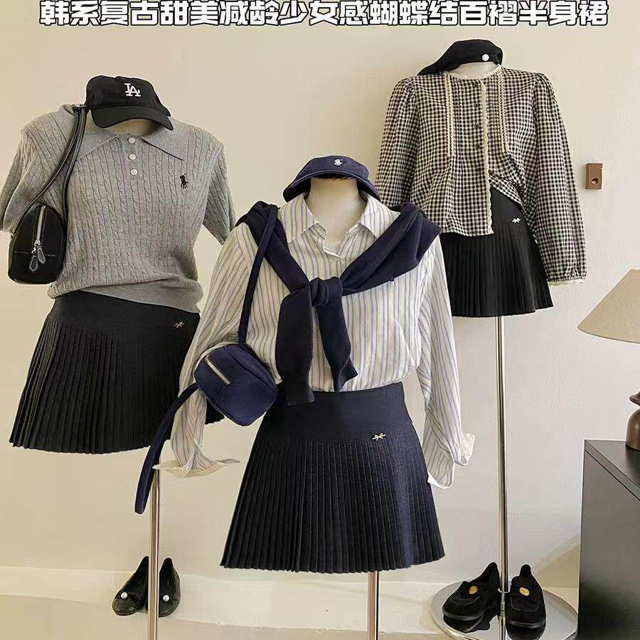 秋冬新款毛呢百褶短裙小个子