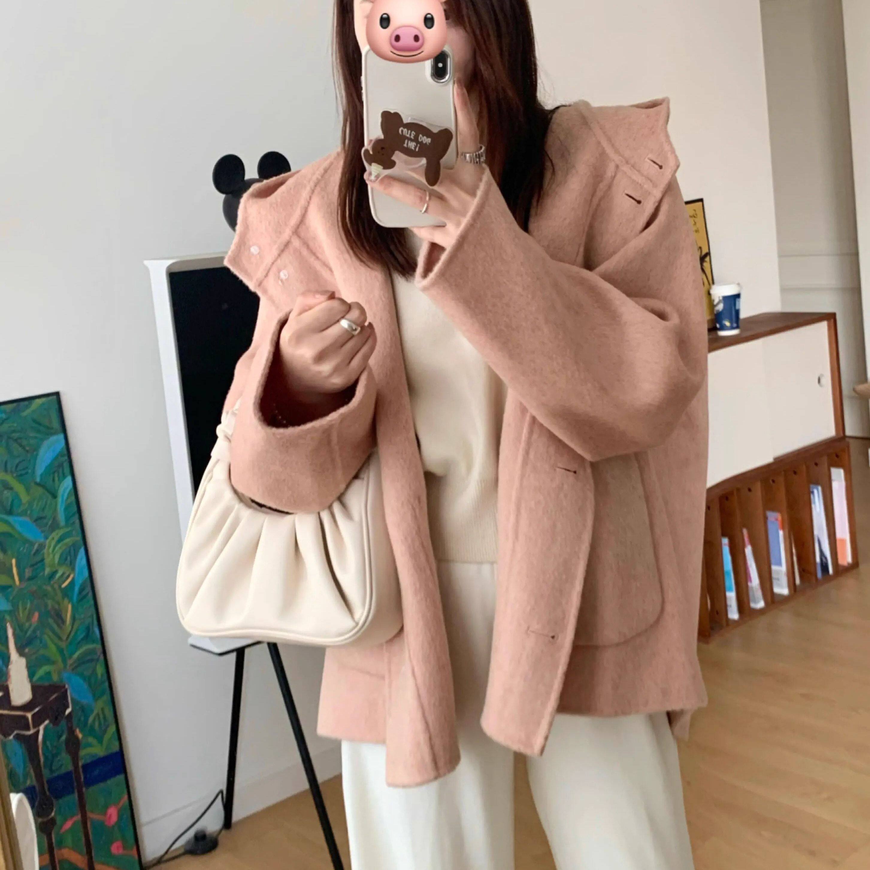 赫本风连帽中长粉色呢子斗篷外套