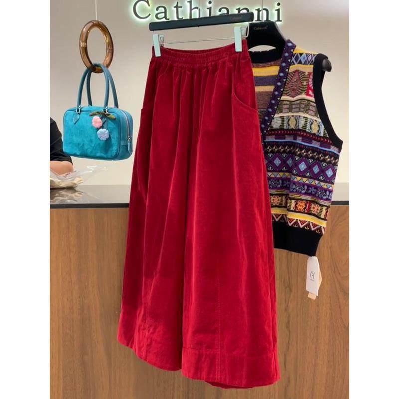 红色灯芯绒阔腿裤女2026秋季流行新款高腰显瘦松紧腰时尚休闲裤,女装/女士精品,休闲裤,淘宝优惠券,粉丝福利购,淘宝优惠卷