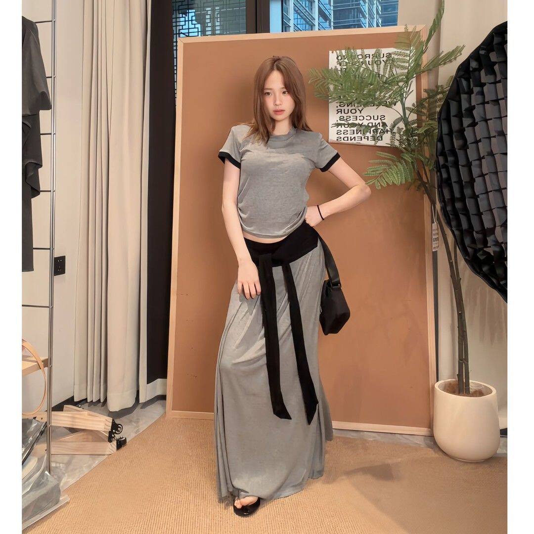 韩系ins辣妹一整套洋气修身短款上衣+绑带半身裙撞色两件套装女