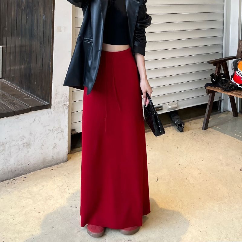 新中式高腰垂感系带半身裙女春秋季新款时尚安可拉红长裙子