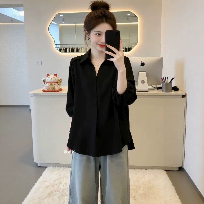 夏季黑色翻领显瘦七分袖女衬衫