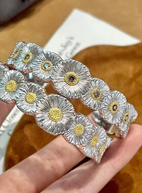 布吉拉提opera歌剧院意大利复古镶钻雏菊栀子花开口手镯925银镀金