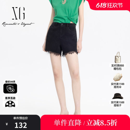 XG/雪歌XJ202018A390黑色蕾丝拼接牛仔裤时尚夏季新款显瘦短裤女