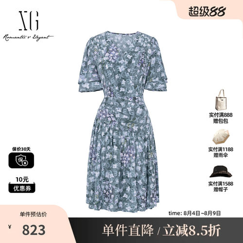 XG/雪歌XL204053BE93 碎花V领短袖连衣裙收腰A字伞裙休闲薄款女装