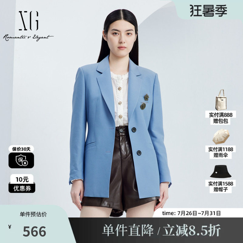 XG/雪歌XJ307010A319 蓝羊毛混纺长袖休闲西装两粒扣通勤外套女装