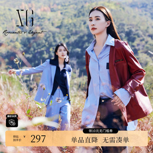 街头风长袖 新款 外套女 春季 XG雪歌XJ107008A113红色皮质短外套时尚