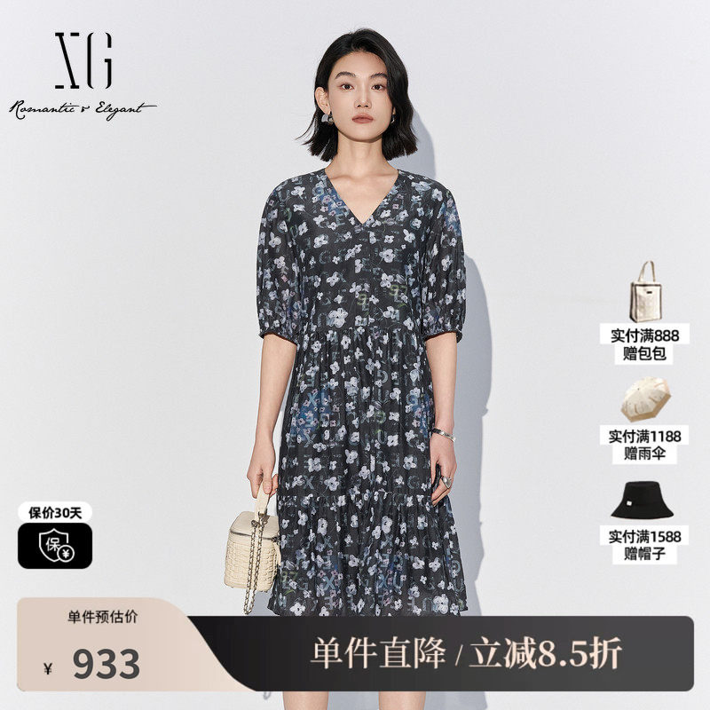 XG/雪歌XL204051BE93花版棉感短袖连衣裙V领收腰包臀鱼尾中裙女装