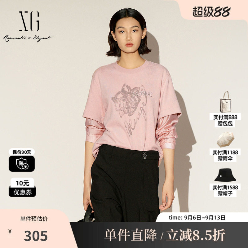 XG/雪歌XL101006A316纯棉假两件T恤圆领拼接宽松直筒打底上衣女装