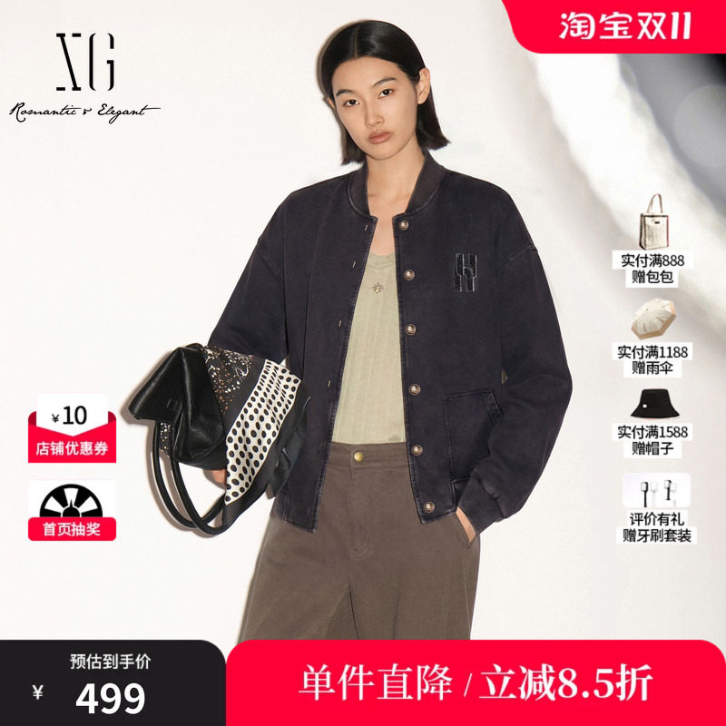 XG/雪歌 XK307685A883深灰色纯棉做旧棒球领长袖外套宽松休闲女装