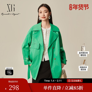 XG雪歌XJ108004A441绿色大翻领风衣时尚春季新款中长款长袖外套女