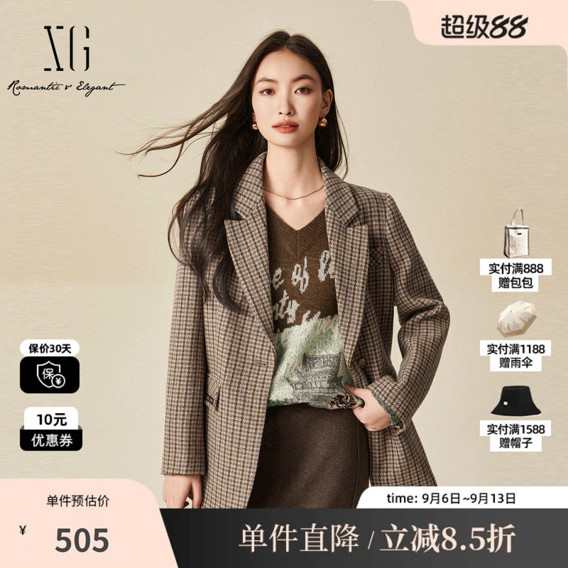 XG/雪歌XJ407032B695格纹长袖毛呢外套时尚冬季新款绵羊毛大衣女