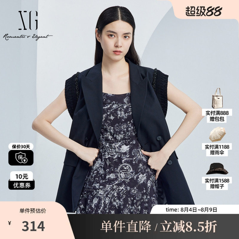 XG雪歌XJ324003A290黑色通勤马夹2025秋季新款长款西装马甲外套女