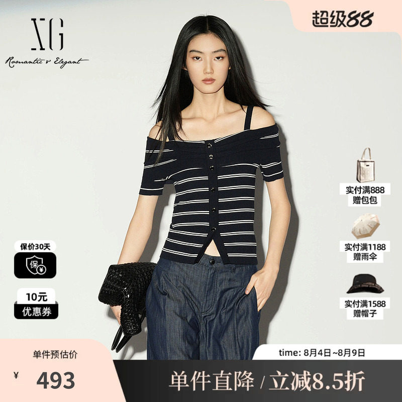 XG/雪歌XL211027B399 条纹棉感短袖一字肩针织衫肩带修身海军风女