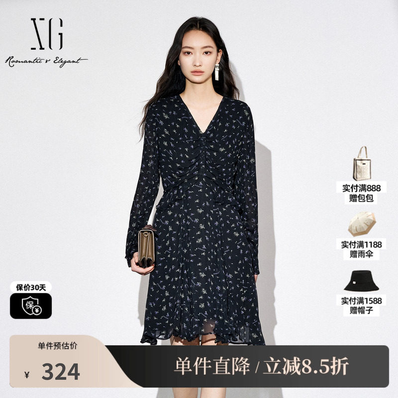XG/雪歌XK304017B493碎花高腰长袖连衣裙2025秋季新款收腰A字裙女