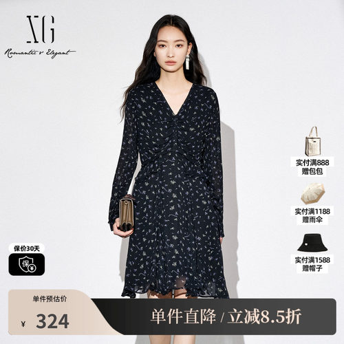 XG/雪歌XK304017B493碎花高腰长袖连衣裙2025秋季新款收腰A字裙女