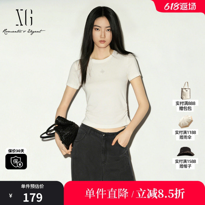XG/雪歌XM201518A891白色莱赛尔短袖圆领T恤修身短款薄款通勤女装