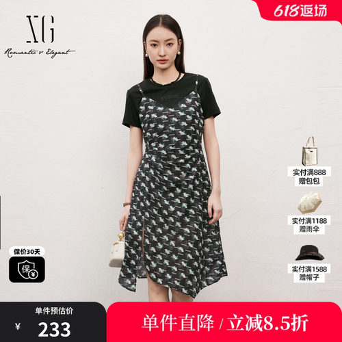 XG雪歌XJ204013B697两件套短袖连衣裙时尚夏季新款不规则吊带裙女