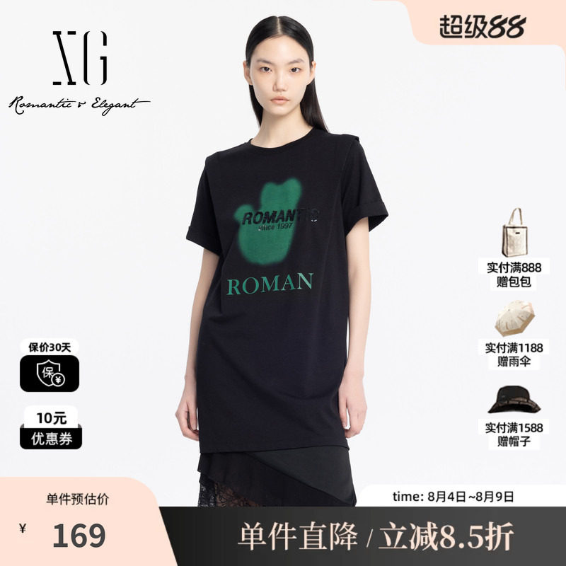XG雪歌XJ204049A690黑色纯棉连衣裙 时尚夏季新款短袖亮片T恤裙女