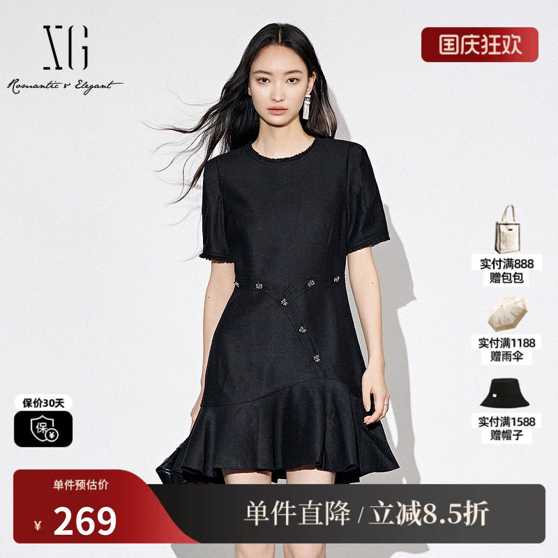 XG/雪歌XJ304006A290黑色短袖连衣裙2025秋季新款荷叶边短裙女装