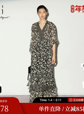 XG/雪歌XL104009B394花版高腰连衣裙碎花V领灯笼袖中袖长伞裙女装