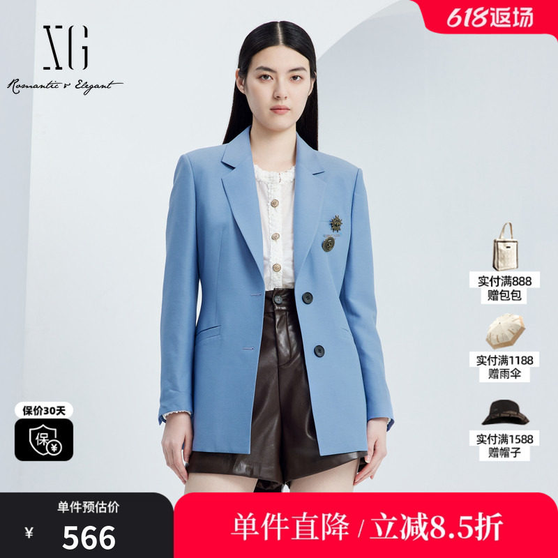 XG/雪歌XJ307010A319 蓝羊毛混纺长袖休闲西装两粒扣通勤外套女装