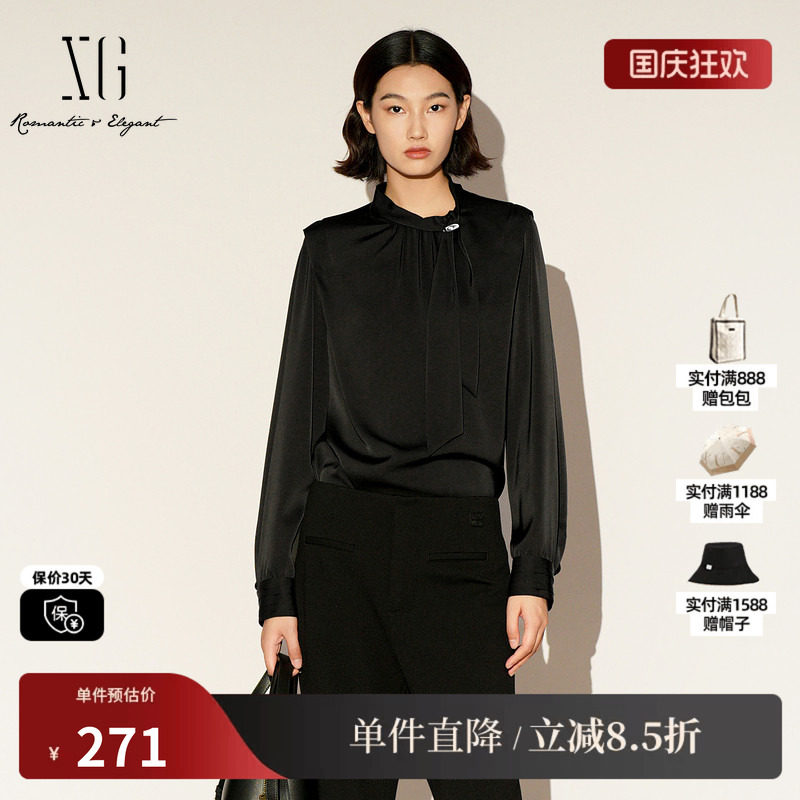 XG/雪歌XL121007A190黑色立领长袖衬衫2026春季新款飘带上衣女装